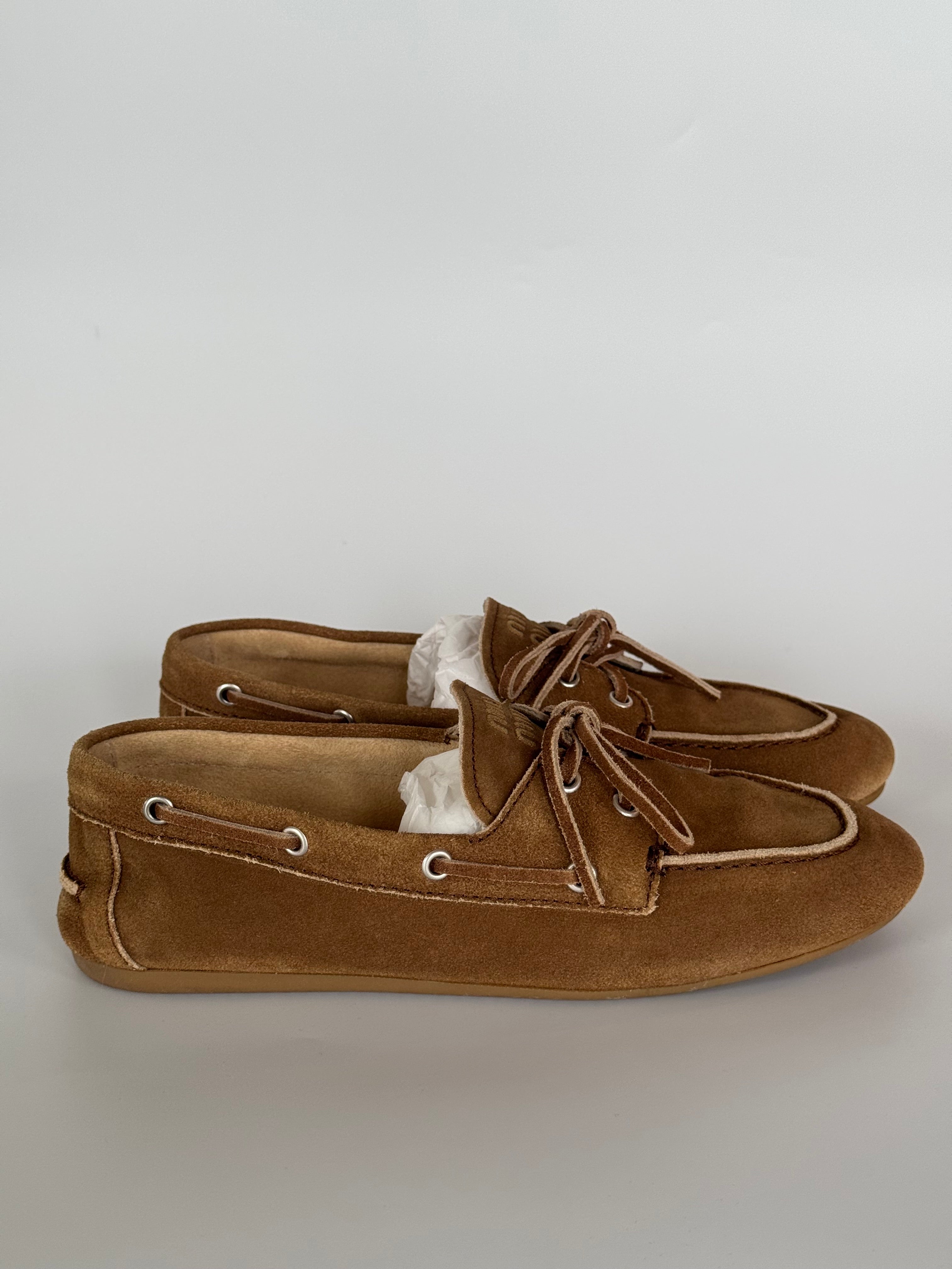 Miu Miu Logo Embossed Suede Loafer