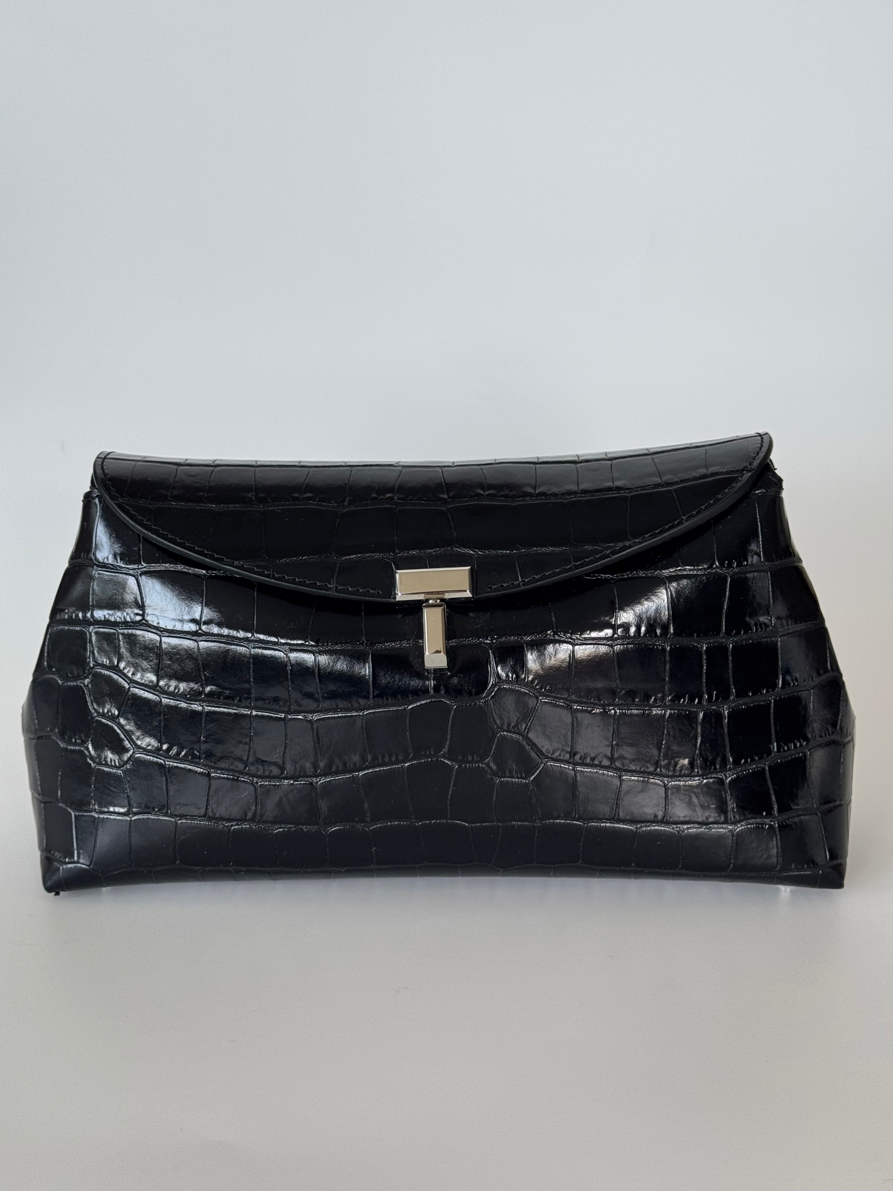 Toteme Black Croc Embossed T Lock Clutch and Strap