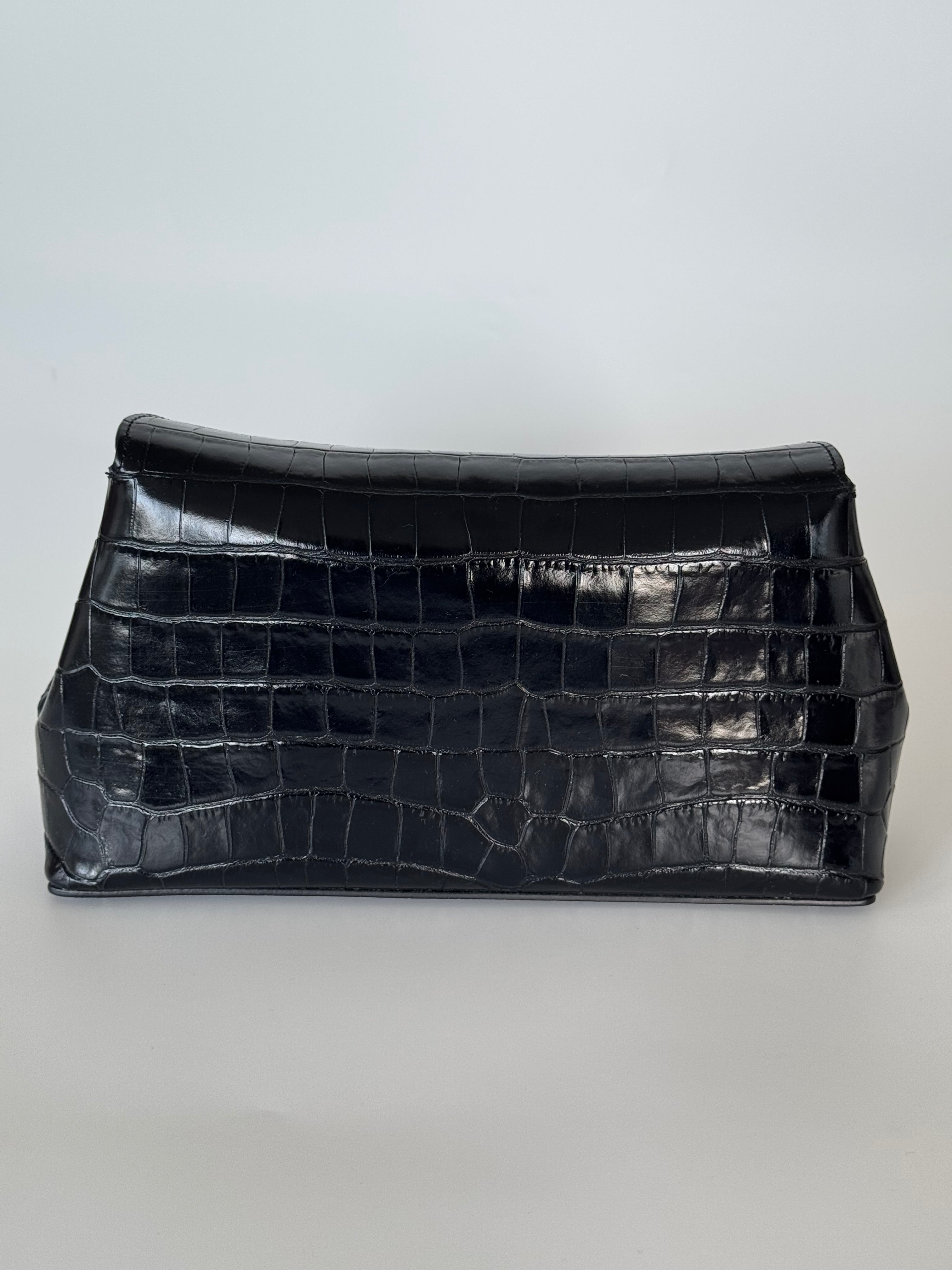 Toteme Black Croc Embossed T Lock Clutch and Strap