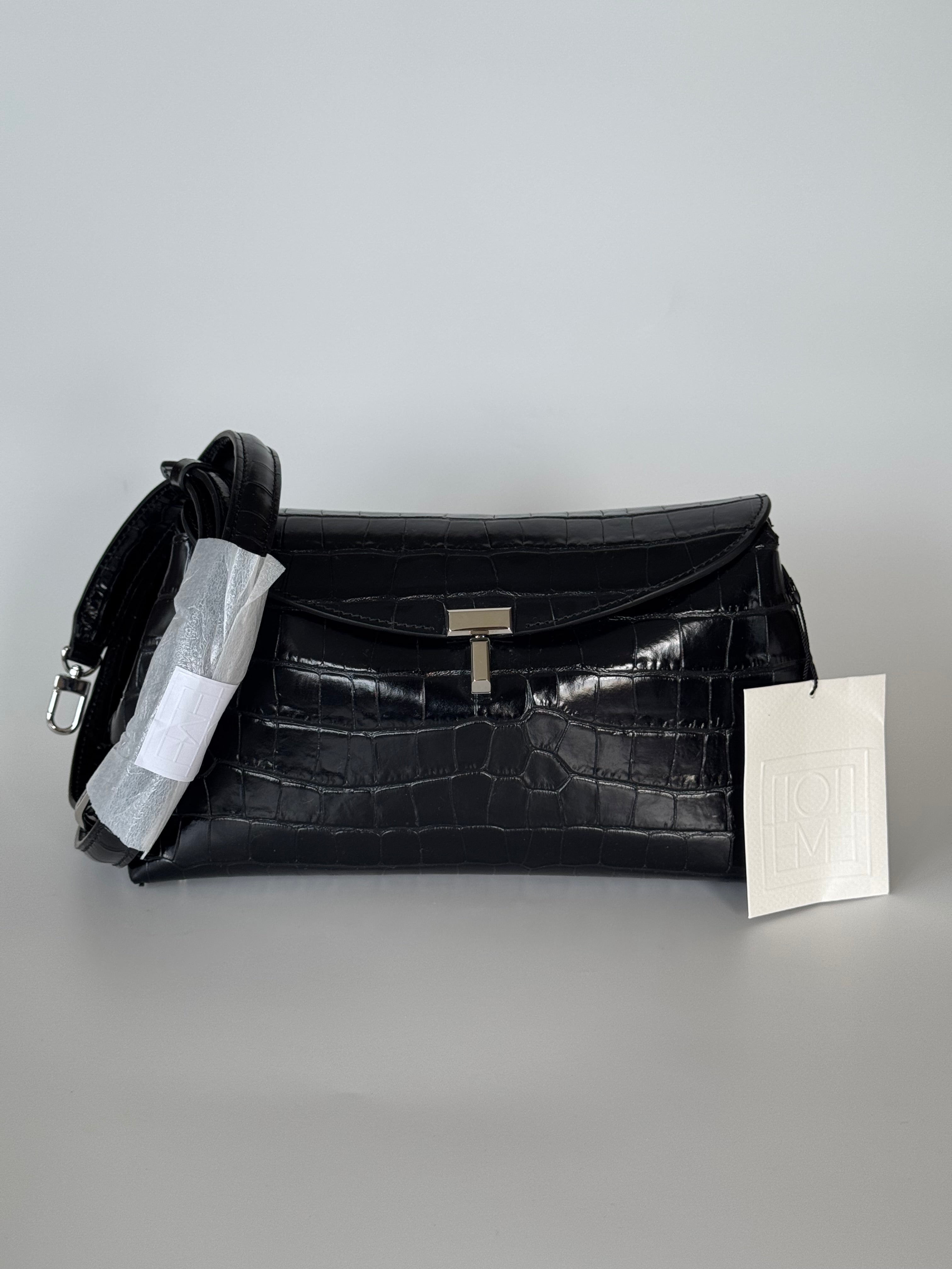 Toteme Black Croc Embossed T Lock Clutch and Strap
