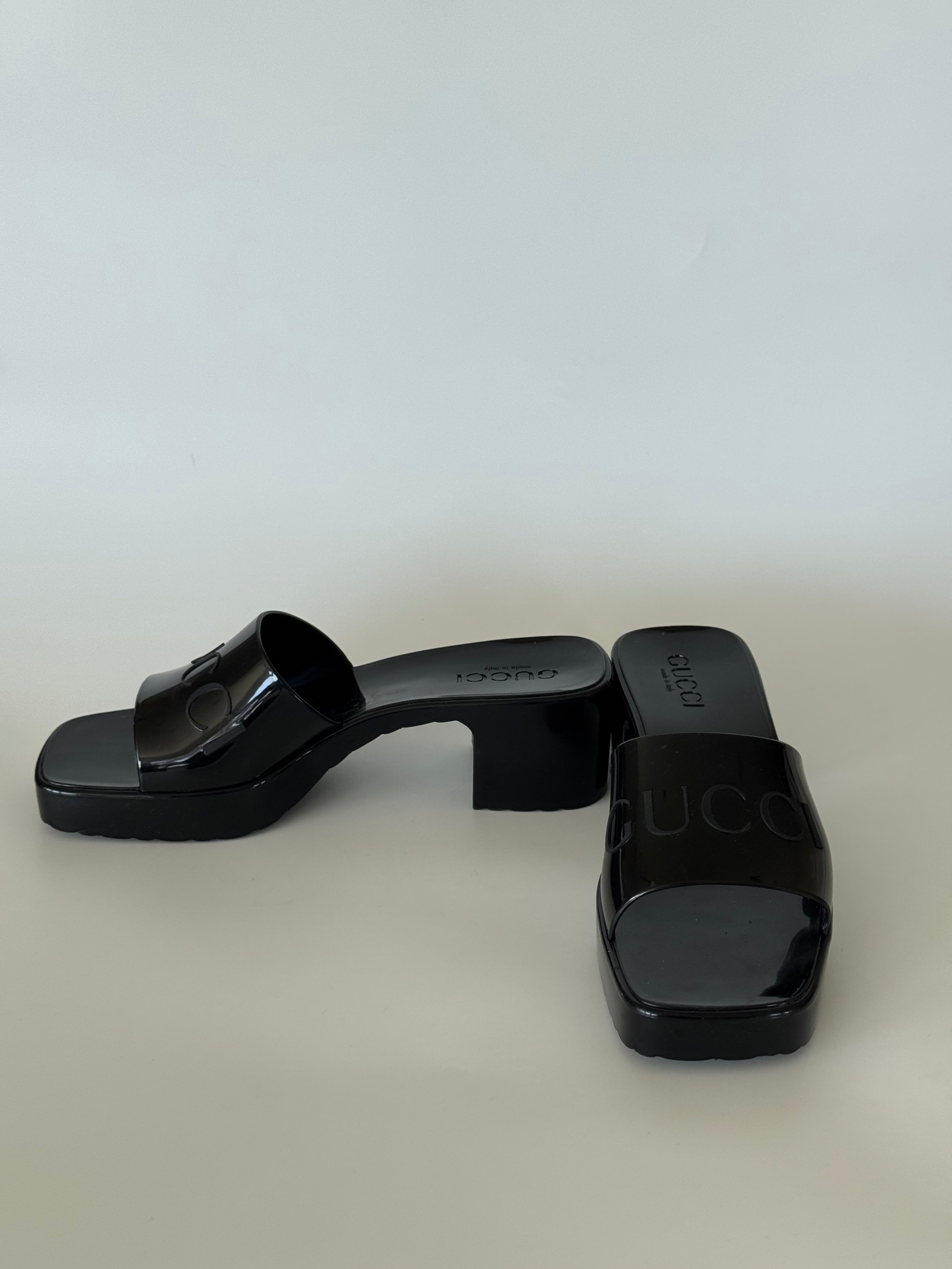 Gucci Black Rubber Logo Heeled Sandals