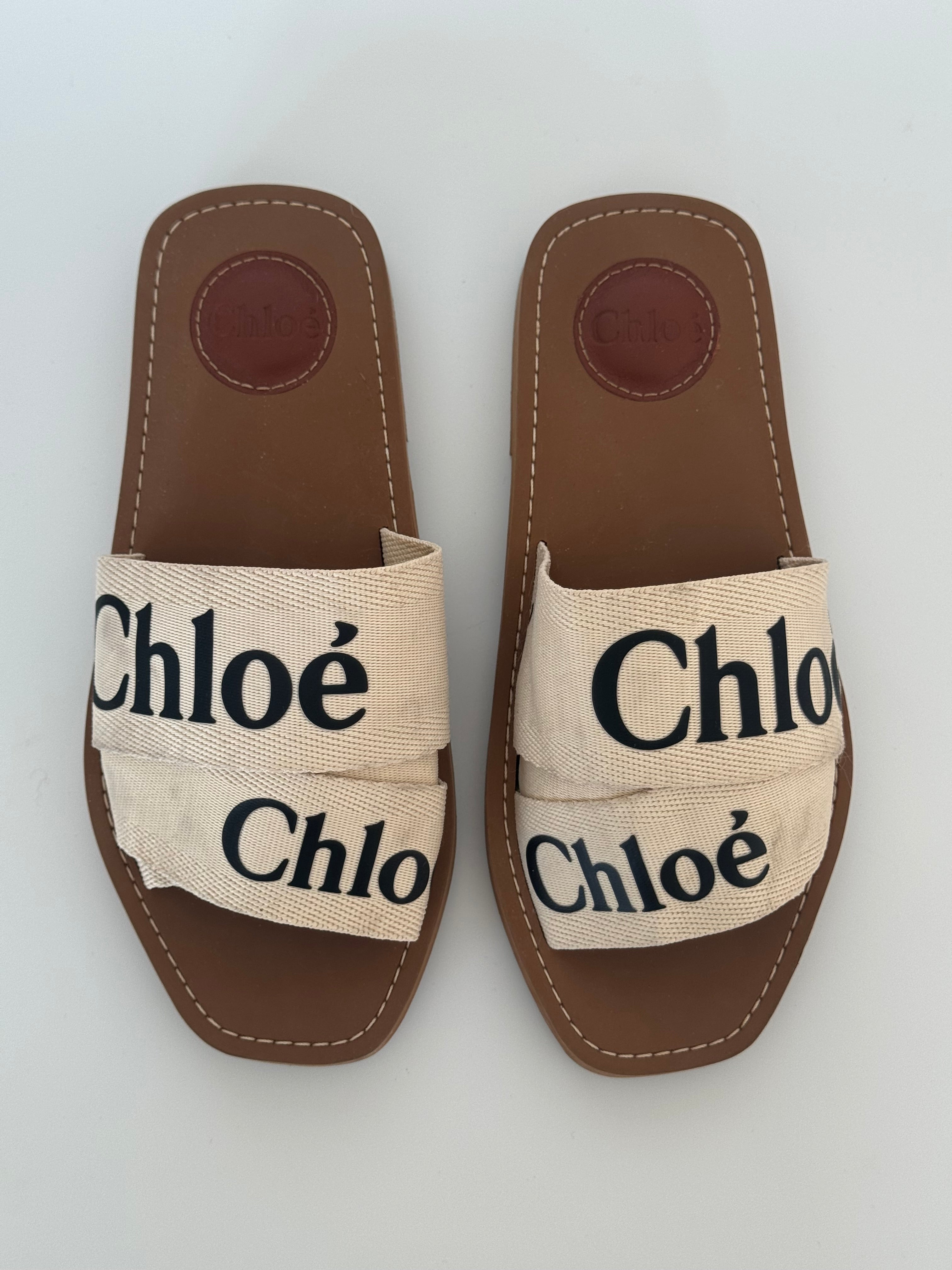 Chloe Wood Linen Logo Sandal Sz 36