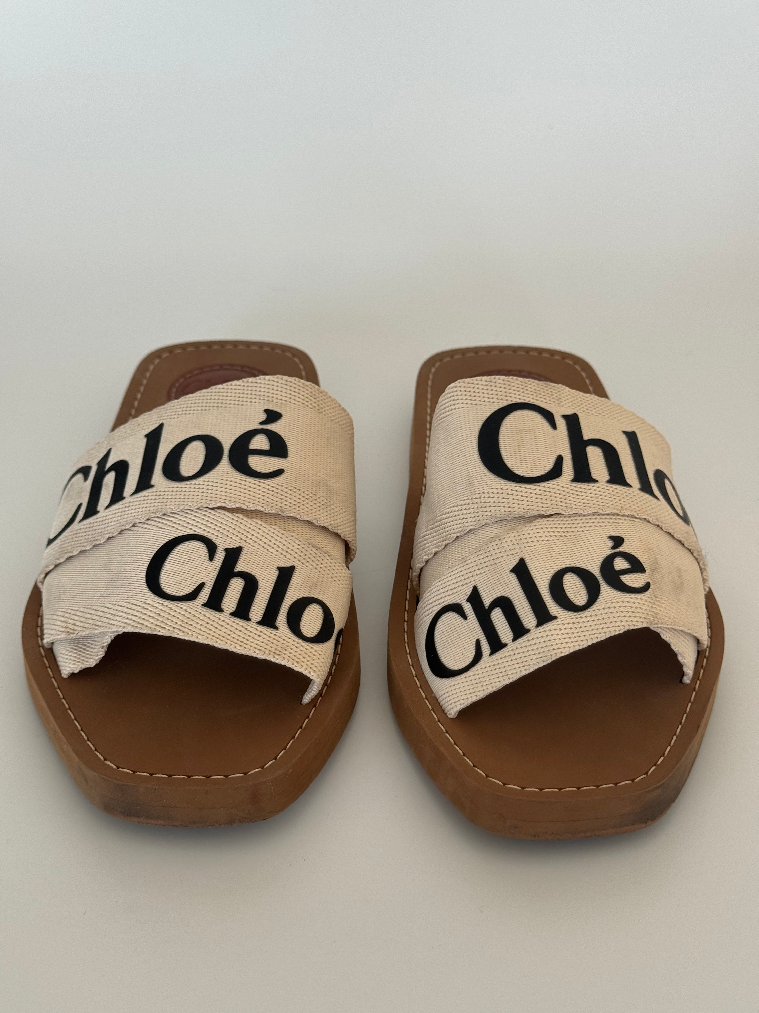 Chloe Wood Linen Logo Sandal Sz 36