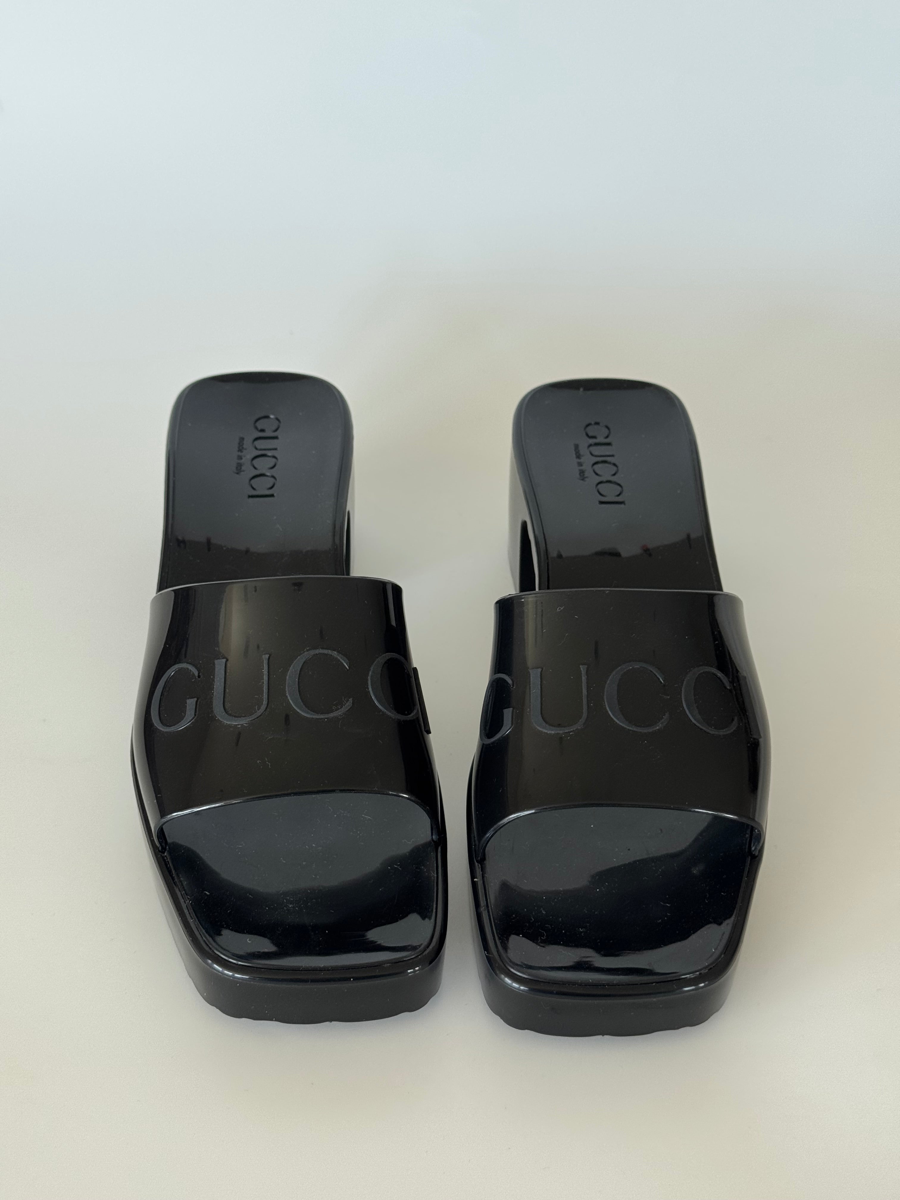 Gucci Black Rubber Logo Heeled Sandals